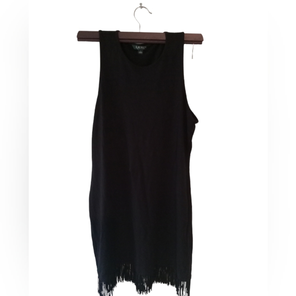 Women's Ralph Lauren Midi Dress Black with Fringe Detail Sleeveless